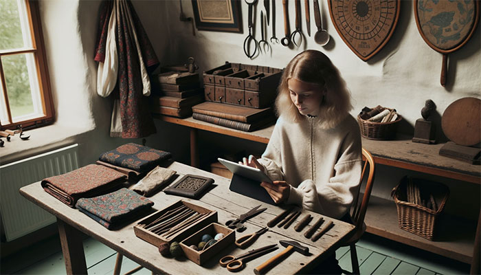 Ung kvinde der bruger en moderne tablet til at søge efter gamle håndværksmetoder