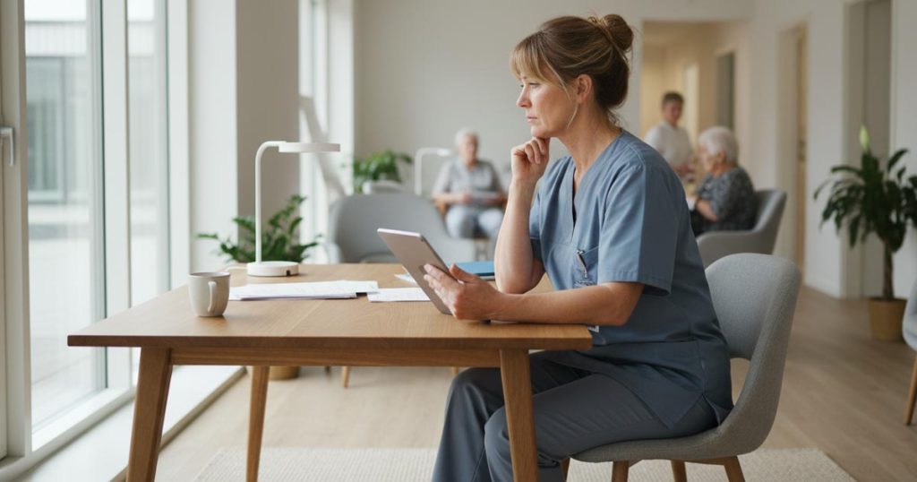 Leder gennemgår vagtplan i pleje og omsorg med fokus på arbejdsmiljø