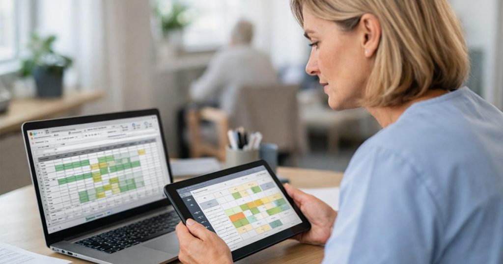 Medarbejder sammenligner Excel og digital vagtplan i pleje og omsorg
