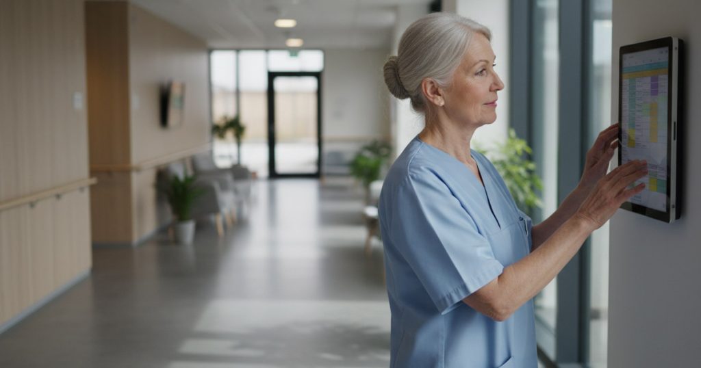 Overblik over vagtplan i pleje og omsorg med medarbejder der gennemgår planlægning